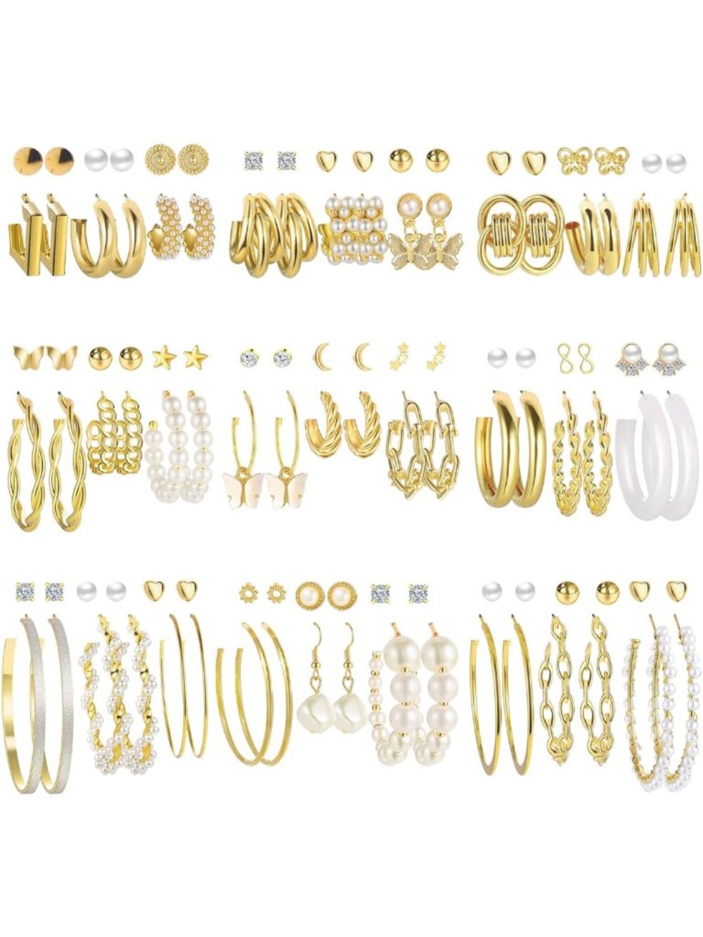 54 Pairs Gold Hoop Earrings Set - Boho Fashion Statement & Butterfly Studs
